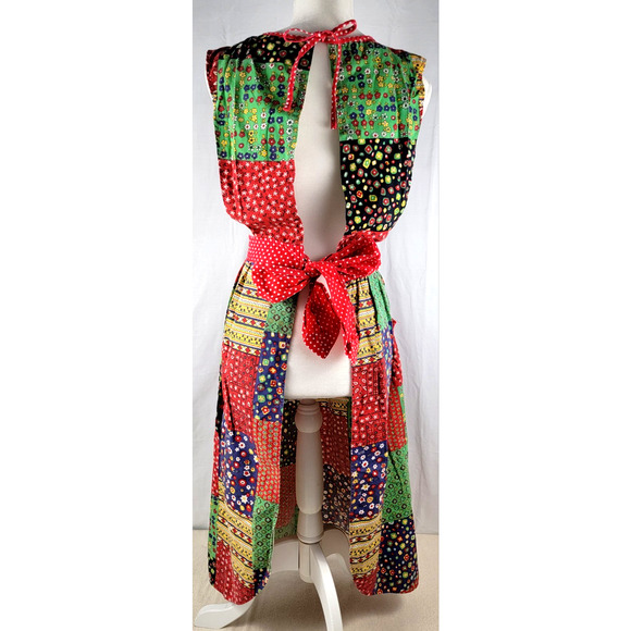 Vintage 70s Neiman Marcus Cotton Patchwork Apron Polka Dot Pockets Retro Kitchen - Picture 4 of 8